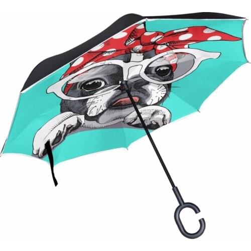 French Bulldog Reverse Umbrellas Folding Double Layer Inverted Chuva Umbrella Self Stand Inside Out Rain Protection C-Hook Hands