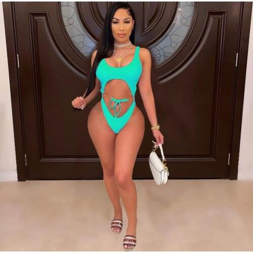 Sexy One-Piece Swimsuit Bikini Hollow Chain Tie Sexy Beach Pool Party 2021 Summer Womens New