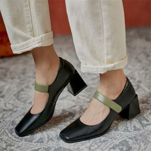 PXELENA 2021 European Celebrity Genuine Leather Shoes Women 34-42 Hook Loop Square Toe Chunky Block High Heels Pumps Dress Party