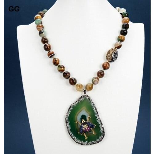 GuaiGuai Jewelry Natural Green Flower Agate Necklace CZ Clasp Huge Green Quartz Agates CZ Paved Insect Pendant For Women