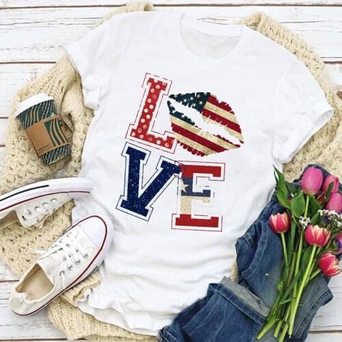 Women Graphic USA Flag American Patriotic Love Lip Star Summer T-Shirt Tops Lady Womens Clothing Clothes Tee Female T Shirt