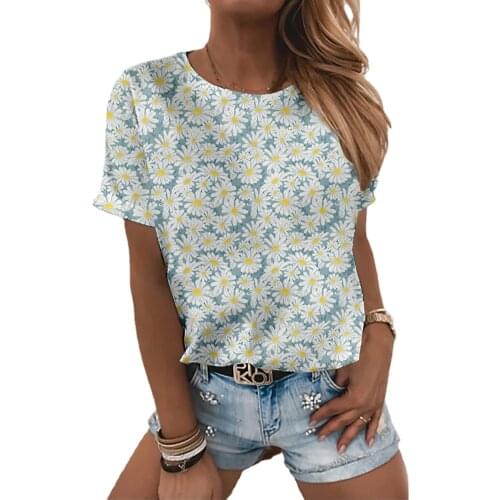 Summer Hedging Womens clothing floral pattern printed 3D round neck T-shirt plus size Top short sleeved loose fresh and sweet