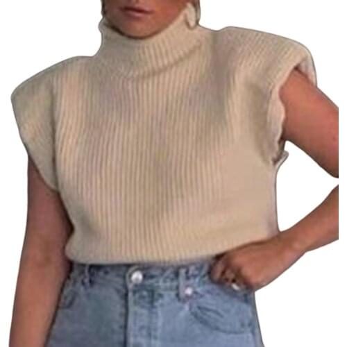 Women Autumn Winter Turtleneck Sleeveless Vest Sweater Shoulder Pads Knit Jumpers 2020
