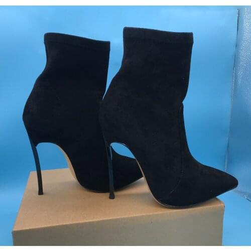Bota Feminina Cow Suede Black Women Ankle Boots Thin High Heel Ladies Pointed Toe Real Leather Sock Boots Shoes Woman