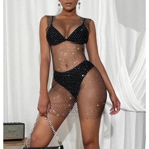 Womens Sexy Dress Sleeveless See Through Swimsuit Bikini Cover Up Beachwear Rhinestone Hollow Out Bodysuit Womens Swimwear