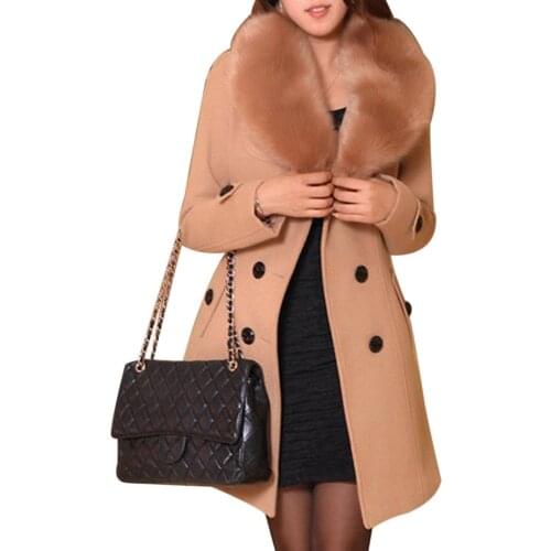 Korea Style Women Wool Blends Coats Ladies Winter Warm Faux Fur Collar Long Coat Parka Plus Size Outwear Fleece Overcoat M-5XL