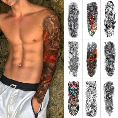 1 Piece Tattoo Sleeve for Arm Sticker fish flower dragon demon angel Full arm temporary tattoo sticker Black Tattoo Sleeve
