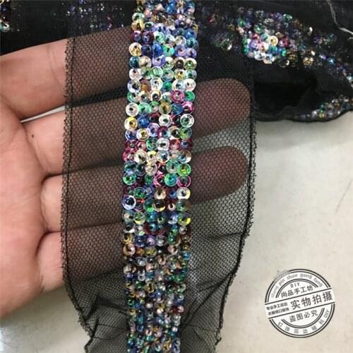 2Yards Colorful Beaded Lace Trim Vintage Black Mesh Fabric Paillette Sequin Chemical Lace Wedding Dress Dentelle Applique