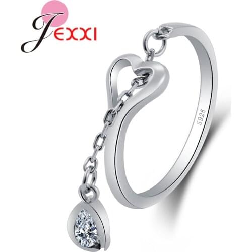 Big Promotions Hot Sale Real 925 Sterling Silver Heart Shaped Adjustable Finger Rings with Waterdrop Crystals For Women