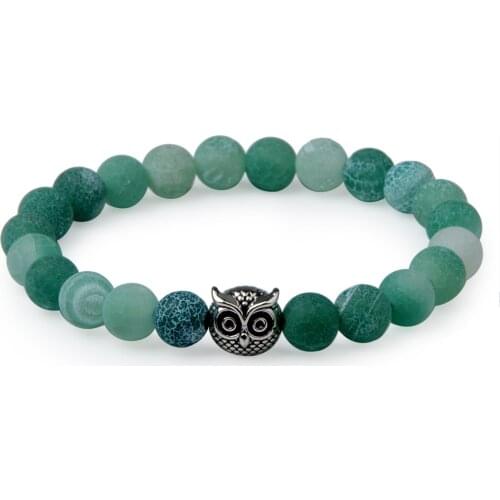 Animal Owl head Charm Bracelet of Frosted Agates Green Natural Stone Bracelet for Men Women Jewelry Gift