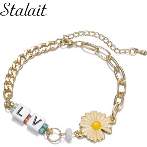 2020 Flower Bracelets For Women Charm Letter Beads Chrysanthemum Accesories Wholesale Lots Jewer Handmad Gold Link Bracelet