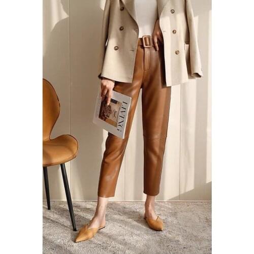 HarleyFashion European Women Luxury Design Solid Color High Quality PU Leather Pants Ankle-Length Slim Trousers with Belt