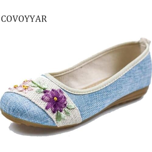 COVOYYAR 2019 Embroidered Women Flats Nation Style Spring Autumn Hemp Shallow Top Ladies Loafers Slip O Shoes WFS840