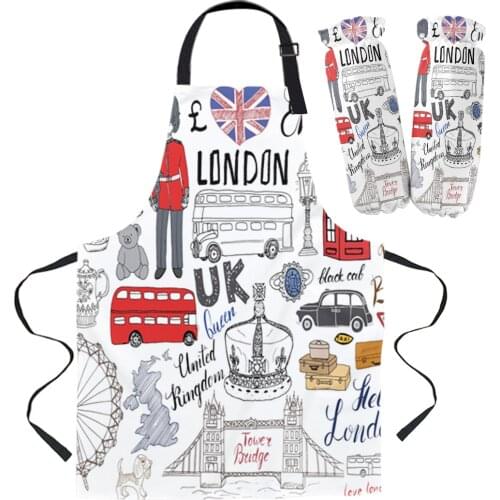 British London Culture Cartoon Doodle Apron Oversleeve Oven Gloves Pads Cooking Baking Kitchen Aprons for Women Kids