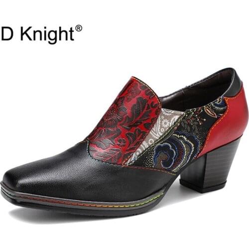 Four Seasons Thick High-Heeled Genuine Leather Shoes Plus Size Autumn Original New Pumps English Elastic Band Women Single Shoes