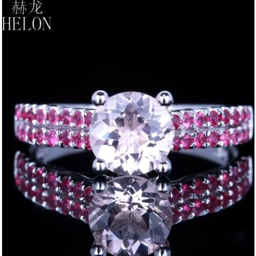HELON Solid 14K White Gold Flawless Round 6mm Genuine Morganite Ruby Diamonds Engagement Ring Modern Style Jewelry Gemstone Ring