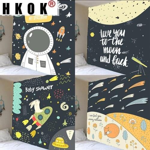 HKOK Astronaut Tapestry Lovely Cartoon Wall Hanging Psychedelic Moon Universe Tapestries Large Wall Cloth Beach Towel Home Decor