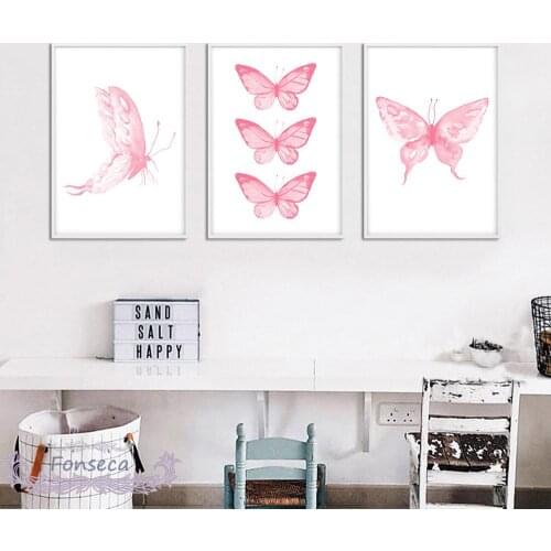 Watercolor Pink Butterfly Canvas Painting Wall Art Posters and Prints Nordic Modular Pictures for Children Room Home Decoration