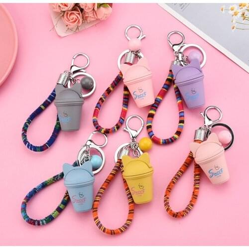 Creative Fashion Cartoon Cat Milk Tea Cup KeychainCute Personality Charm Key Chain Men and Women Gift Bags Mobile Phone Keychain