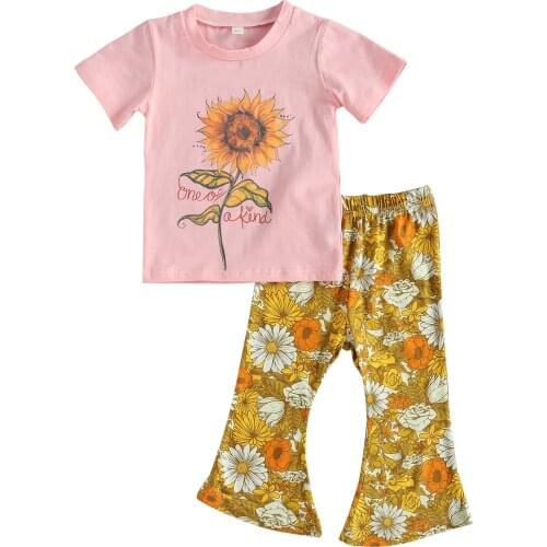 Citgeett Summer Kids Girls Clothing Set Flower Print Short Sleeve Tops and Flared Pants Suit Clothes