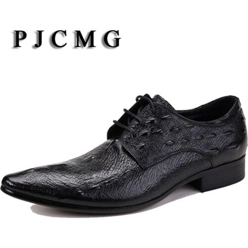 PJCMG Fashion Comfortable Branded Design Mens Crocodile Pattern Genuine Leather Lace-Up Pointed Toe Oxford Casual Brogue Shoes