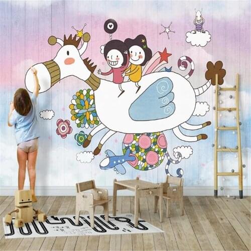 Milofi factory custom wallpaper mural Nordic 3d cartoon wood board childrens room background wall