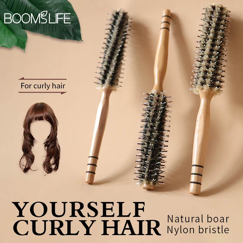 1PC Round Rolling Wood Hair Brush Boar Bristle Hair Brush Round Styling Roller Curly Nylon Hair Brush With Logo Curling Iron