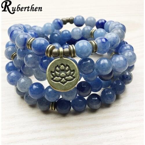 Ruberthen New Arrival Design Women`s Mala Beads Bracelet Vintage Blue Aventurine Quartz Yogi Bracelet Necklace Lotus Bracelet