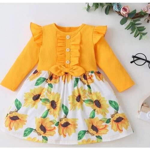 New Kids Dresses for Girl Sweet Cotton Flying Long Sleeve Bow Button Sunflower Print Princess Dress Party Baby Girl Clothes 2-6Y