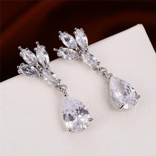 Simple Female White Crystal Stone Earrings Charm Silver Color Dangle Earrings Cute Bridal Leaf Wedding Earrings For Women