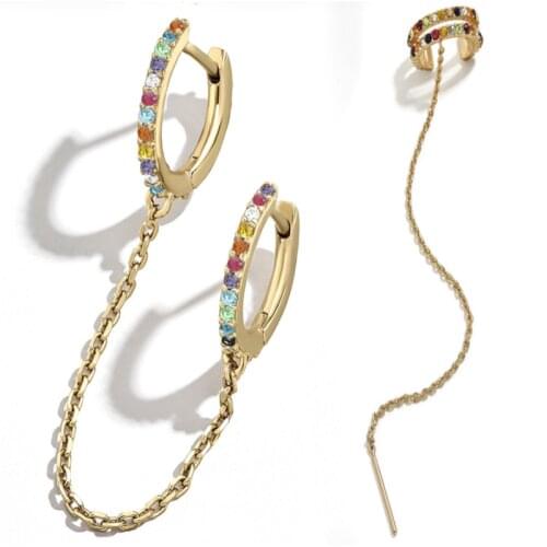 Long Chain Earrings For Women Trendy Golden C Shape Colorful Rhinestone Personality Ear Bone Clip Bohemia Vintage Jewelry Gift