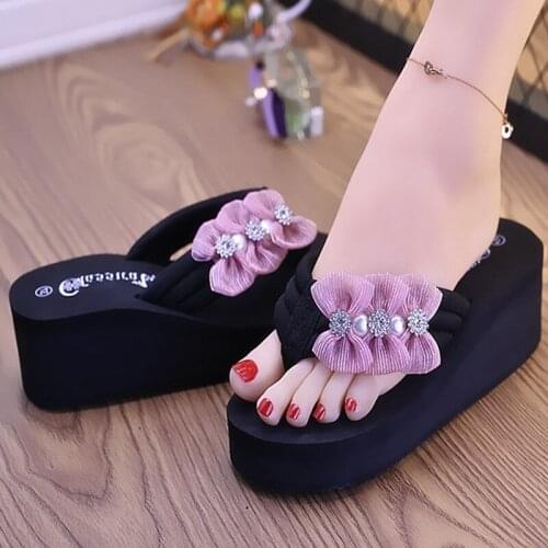 Wedges Thick Bottom Outside 2021 Slides Butterfly-Knot Sandy Beach Vacation Summer The New 6 cm High Heels Women Shoes Concise