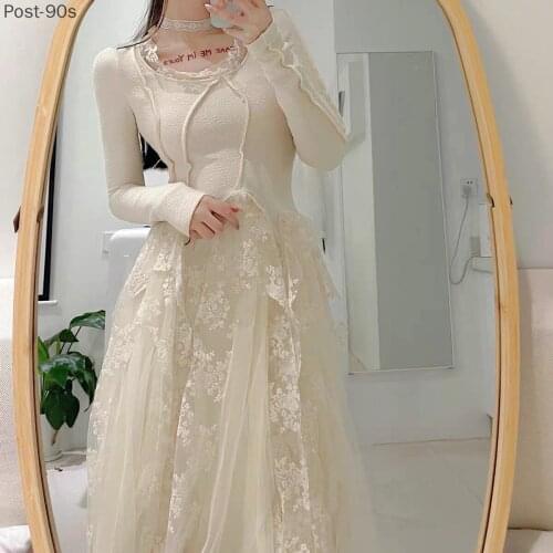 Spring Elegant Lace Dress Women Casual Long Sleeve Slim Sweet One Piece Dress Korean 2021 French Vintage Party Dress Female