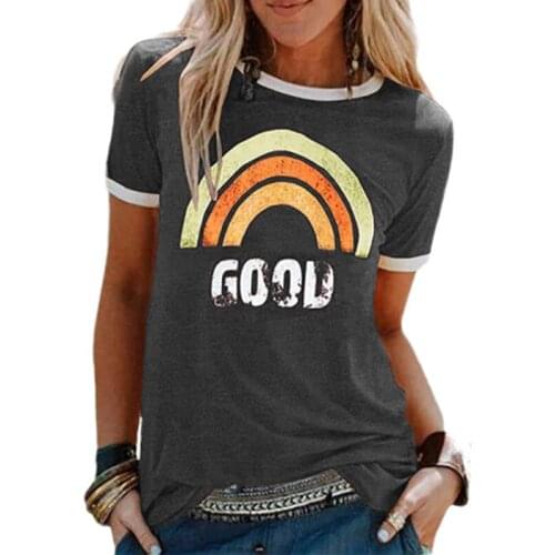 Happie Queens Summer fashion women Rainbow print short sleeve o-neck t-shirt ladies tops cotton Tee shirt camiseta feminina