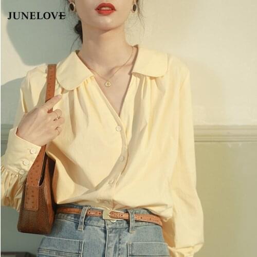 JuneLove Office Wear Blouse Women Solid Elegant White Long Lantern Sleeve Shirts Mujer Spring Summer Top Vintage OL Blousa Femme
