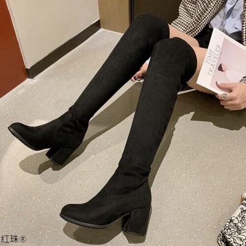 2021Winter Sexy Knee Boots Tight Stovepipe Knight Boots Suede Round Toe Combat Boots for Women Trend Velvet Warm Womens Boots