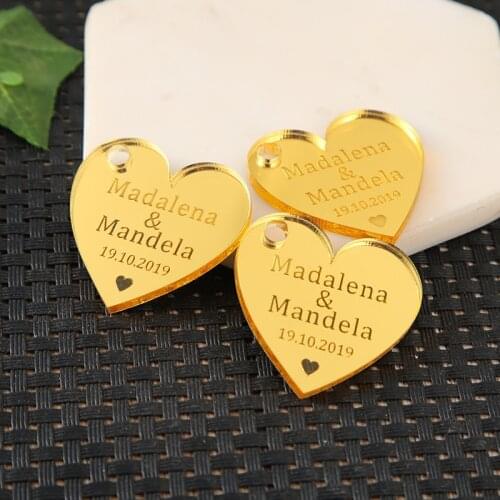 100pcs Heart Acrylic Mirror Gold Wedding Custom Name Personalized Tags Invitation Cards Party Guest Gifts Wedding Decoration