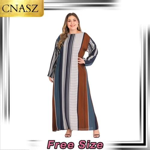 2019 Latest Muslim Dress Turkey Dubai Large Size Womens Islamic Striped Print Fashion Arab Oman Long-Sleeved Dress Long Skirt
