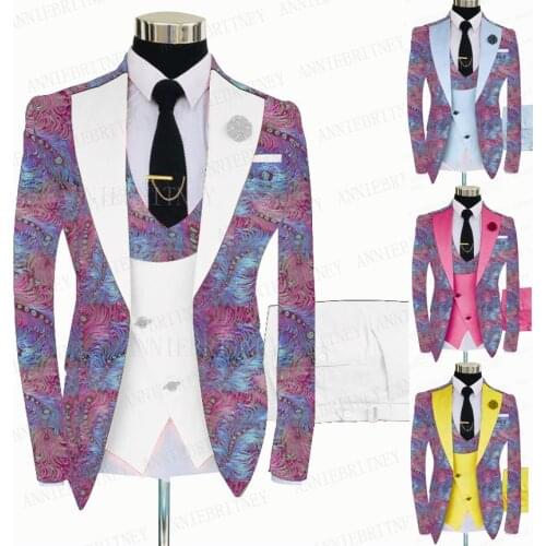 2021 Fashion Pink Floral Printed Men Suit 3Pcs Tailored Groom Wedding Tuxedo Slim Fit Prom Blazer Suit Jacket White Vest Pants
