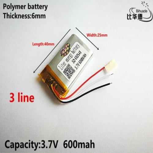 3 line Good Qulity 3.7V,600mAH,602540 Polymer lithium ion / Li-ion battery for TOY,POWER BANK,GPS,mp3,mp4