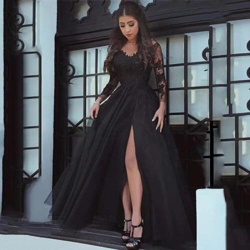 9667#Sexy Slit Black Prom Dresses Lace Long Sleeve Elegant Formal Evening Gowns Party Long Prom Dresses Wedding Dress