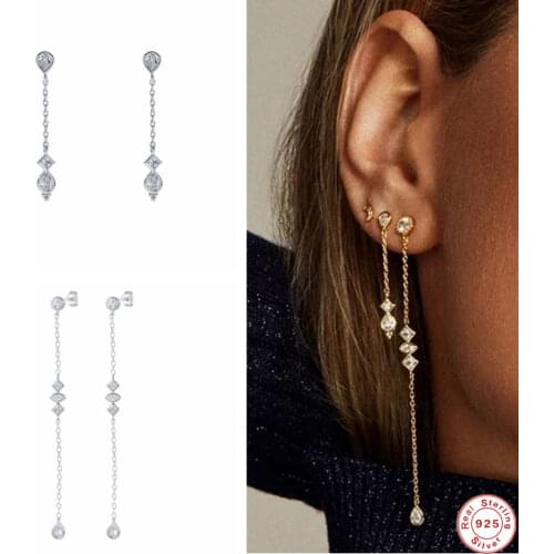 GS 925 Sterling Silver Long Chain Tassel Drop Earrings for Women Shining Starry Waterdrop Zircon Dangle Earring Wedding Jewel