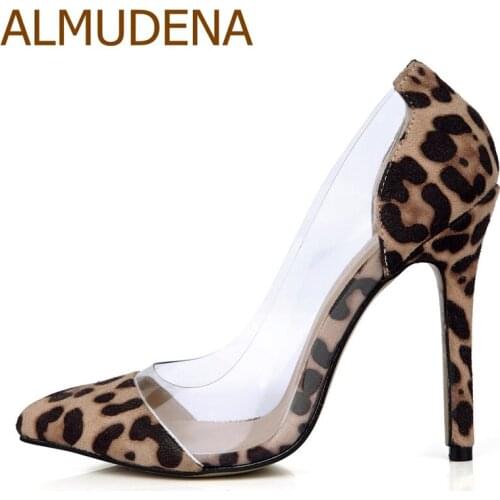 ALMUDENA Hot Selling Popular Leopard Printed Suede Transparent PVC Patchwork Dress Shoes Pointed Toe Concise Pumps Stiletto Heel