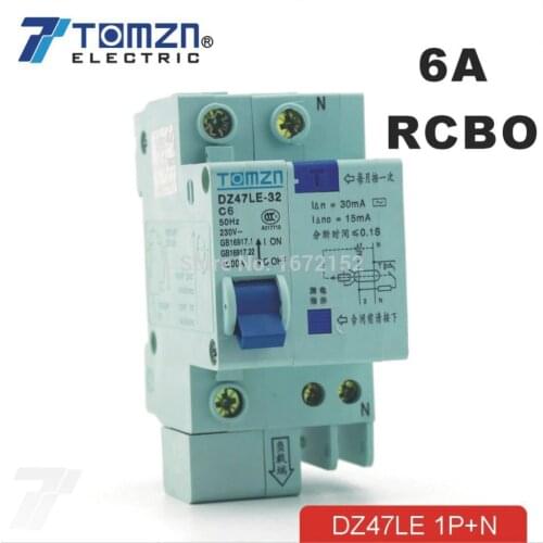 DZ47LE 1P+N 6A C type 230V~ 50HZ/60HZ Residual current Circuit breaker with over current and Leakage protection RCBO