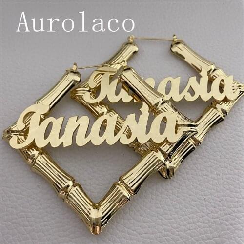 AurolaCo Custom Bamboo Earrings Stainless Steel Squar Heart Shape Earrings Custom Name Earrings Hip hop Earring for Women Gift