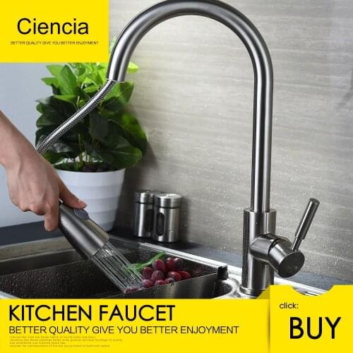 Free Shippping Brass Brushed Nickel Pull out kitchen mixer 360 degree rotate faucet Deck mounted single handle adjustable tap