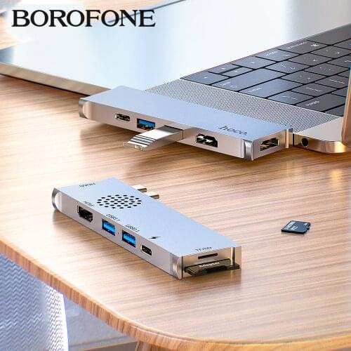Borofone USB 3.1 Type C HUB to Dual HDMI-compatible Adapter 4K Splitter TF SD Reader Slot PD For MacBook Air Pro 60W PD charging