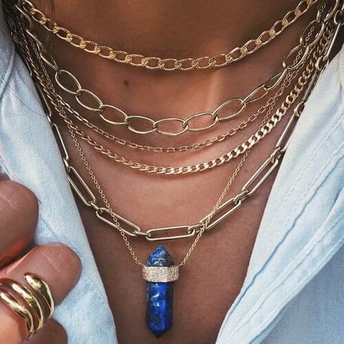Fashion Multilevel Blue Stone Chain Gold Silver Color Necklaces For Women 2020 Female Boho Geometric Pendant Necklace Jewelry