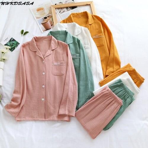 Couples Cotton Crepe Double Layer Gauze Pajamas Men And Women Large Size Sleepwear Long Sleeve Solid Pyjamas Two Piece Set