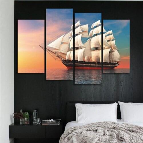 Hot Sale Sunset Sailing Ship Canvas Painting Printed On Canvas Cuadros Abstractos Wall Pictures For Home Decoration Wedding Gift